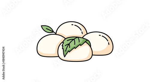 Three soft peach colored dumplings are arranged together with a small green leaf on top forming a cute minimal illustration of fresh fruit inspired desserts.