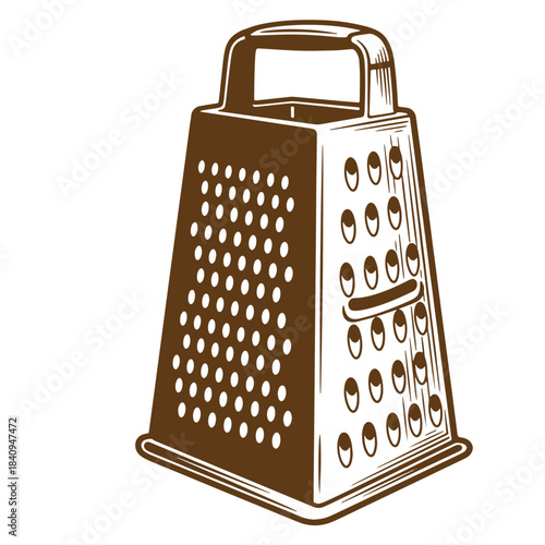 Detailed illustration of a brown vintage kitchen grater tool isolated on white background