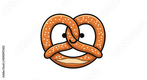 Cheerful cartoon pretzel with a friendly smiling face and wide eyes twists into two loops and radiates playful snackable charm and warm personality.