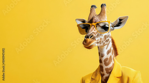Fashionable giraffe wearing stylish glasses and bright yellow suit against vibrant yellow background exudes confidence and charm
