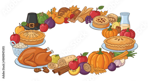 Vibrant harvest feast featuring pies pumpkins breads fruits autumn leaves and festive gourds arranged in a decorative oval frame to evoke celebration.