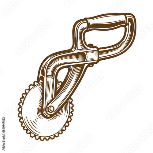 Detailed sketch illustration of a vintage pizza cutter tool with sawtooth blade