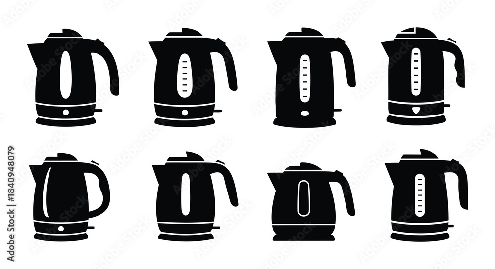 Fototapeta premium Collection of electric kettles in various styles and designs black silhouettes