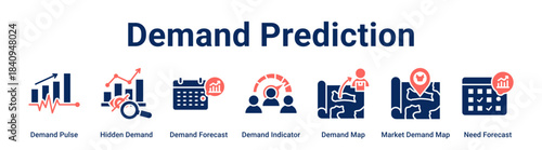 Demand Prediction web banner icon vector illustration concept for business with icon of Demand Pulse, Hidden Demand, Demand Forecast, Demand Indicator, Demand Map, Market Demand Map.