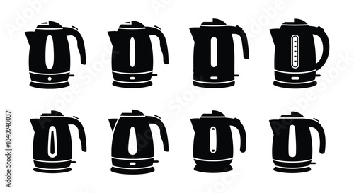 Collection of electric kettles in various styles and designs black silhouettes