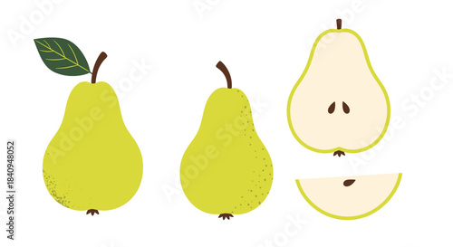 Vibrant illustrated pears are displayed in multiple views including whole fruits and a peeled cross section to emphasize shape texture and color.