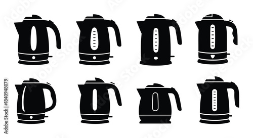 Collection of electric kettles in various styles and designs black silhouettes