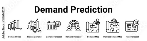 Demand Prediction web banner icon vector illustration concept for business with icon of Demand Pulse, Hidden Demand, Demand Forecast, Demand Indicator, Demand Map, Market Demand Map.
