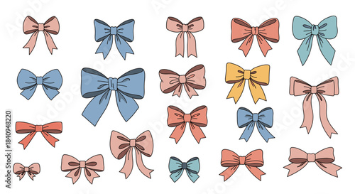 Collection of assorted pastel bows in pink blue teal and yellow arranged in playful patterns suitable for gift wrapping fashion accessories and crafts.