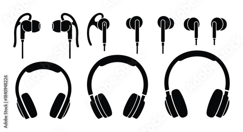 Variety of headphone designs in a black and white silhouette illustration