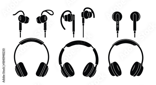 Variety of headphone designs in a black and white silhouette illustration