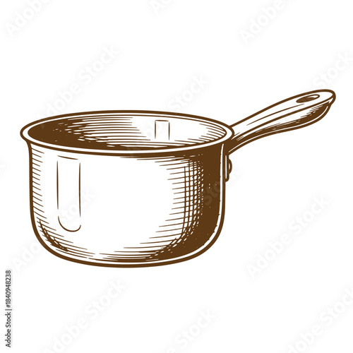 Detailed sketch illustration of a vintage saucepan with handle for culinary and cooking purposes