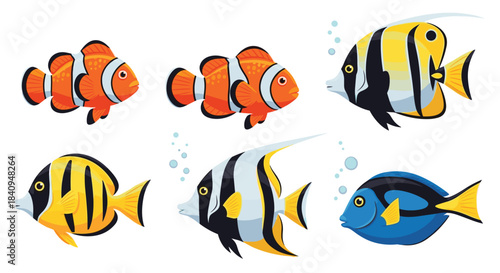 Colorful school of tropical fish including orange clownfish yellow striped angelfish and a blue tang swimming together in clear water.