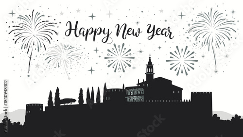 A decorative black silhouette design showing Alhambra Palace on a white background, with radiant fireworks and stars above. The text “Happy New Year” appears across the sky in graceful lettering, merg