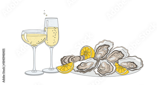 Champagne glasses and a platter of fresh oysters with lemon wedges create a luxurious seaside celebration featuring bubbles and seafood delights.