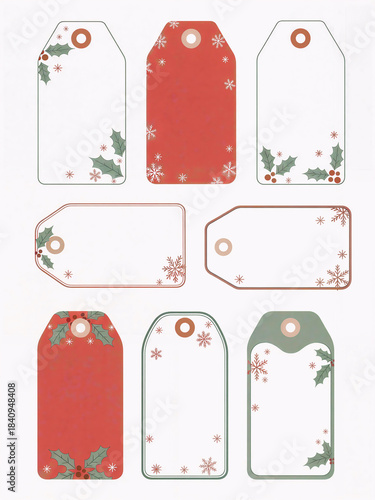A set of blank Christmas gift tags in a simple, minimalist style with soft holiday colors and decorative elements. Perfect for seasonal packaging and holiday design projects.