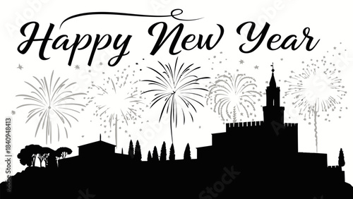 A decorative black silhouette design showing Alhambra Palace on a white background, with radiant fireworks and stars above. The text “Happy New Year” appears across the sky in graceful lettering, merg