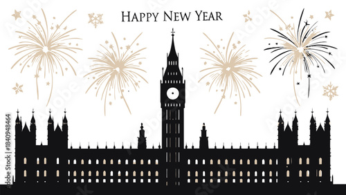 A decorative black silhouette design featuring The Palace of Westminster on a bright white background, highlighted with fireworks, sparkles, and “Happy New Year” written above Big Ben for a traditiona