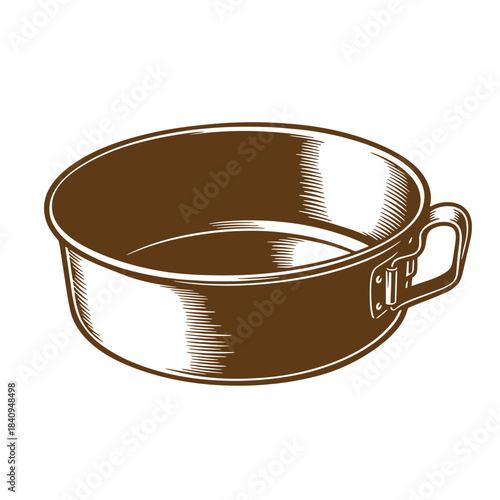 Detailed vintage sketch illustration of a brown cooking pot with handle isolated on white