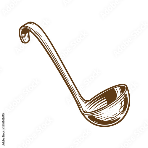 Detailed vintage sketch illustration of a ladle kitchen utensil for soup or serving