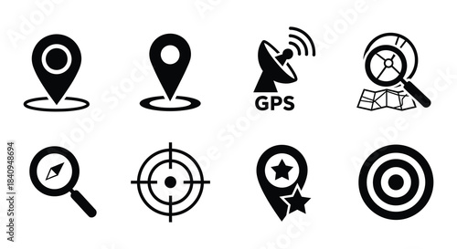 Collection of navigation and location icons including map gps and targeting symbols