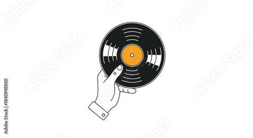 Holding a vinyl record a single hand prepares to spin the black disc with orange label as a nod to classic analog music experience and listening ritual.