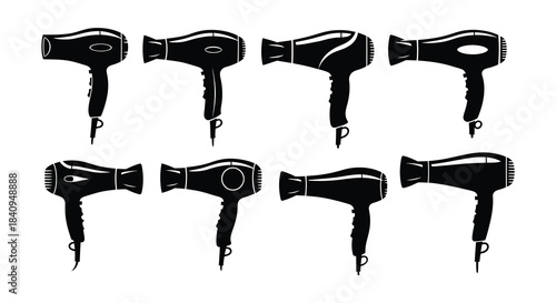 A collection of various black silhouette hair dryer designs arranged in a grid