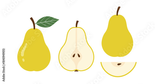 Bright illustration showing three yellow pears with one whole pear a pear cut in half and a pear slice arranged on a clean white background.