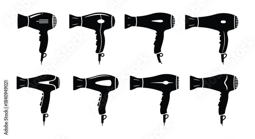 A collection of various black silhouette hair dryer designs arranged in a grid