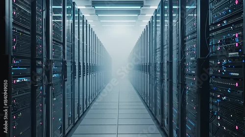 Futuristic data center corridor with illuminated server racks and mist, showcasing advanced technology