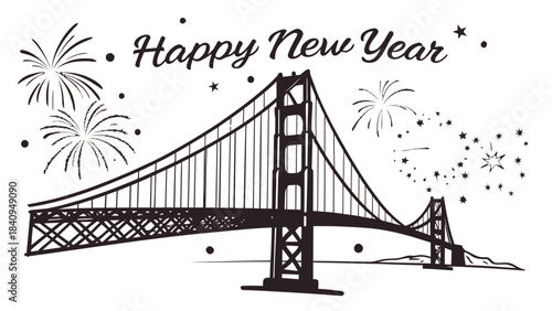 A creative black silhouette of the Golden Gate Bridge on white background, surrounded by radiating fireworks, sparkles, and festive confetti. The phrase “Happy New Year” is displayed across the top of