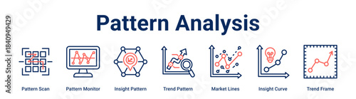 Pattern Analysis web banner icon vector illustration concept for business with icon of Pattern Scan, Pattern Monitor, Insight Pattern, Trend Pattern, Market Lines, Insight Curve.