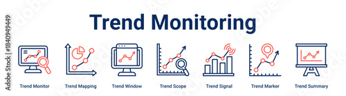Trend Monitoring web banner icon vector illustration concept for business with icon of Trend Monitor, Trend Mapping, Trend Window, Trend Scope, Trend Signal, Trend Marker.