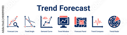 Trend Forecast web banner icon vector illustration concept for business with icon of Forecast Line, Trend Angle, Demand Curve, Trend Window, Forecast Panel, Trend Compass.