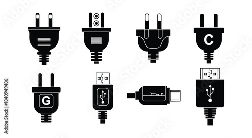 Collection of various electrical plug and connector icons in black and white