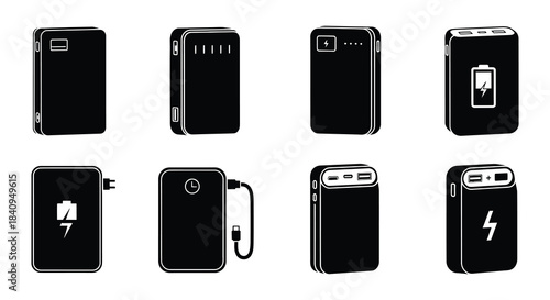Variety of black power banks and portable chargers in a minimalist style