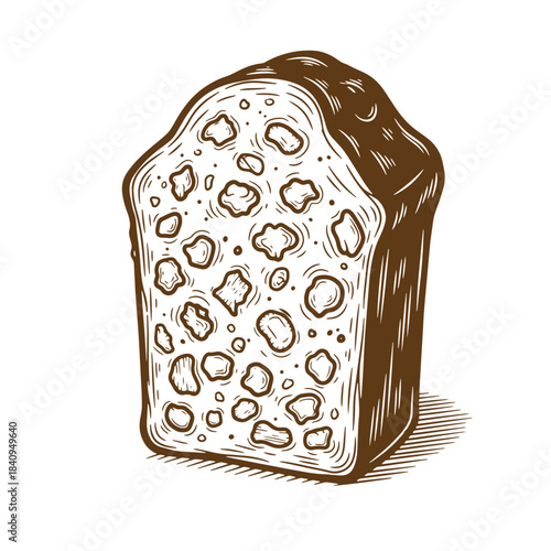 Hand drawn illustration of a slice of fruitcake with intricate details isolated on white background.