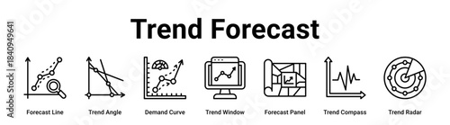 Trend Forecast web banner icon vector illustration concept for business with icon of Forecast Line, Trend Angle, Demand Curve, Trend Window, Forecast Panel, Trend Compass.