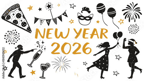 New Year 2026 Themed Black Silhouette Collection: Festive Countdown & Celebration Vector Art