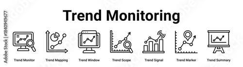 Trend Monitoring web banner icon vector illustration concept for business with icon of Trend Monitor, Trend Mapping, Trend Window, Trend Scope, Trend Signal, Trend Marker.