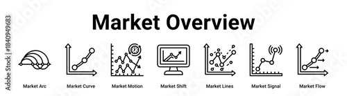 Market Overview web banner icon vector illustration concept for business with icon of Market Arc, Market Curve, Market Motion, Market Shift, Market Lines, Market Signal.