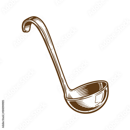 Hand drawn illustration of a vintage kitchen ladle in brown and white style
