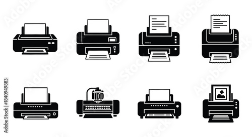 Variety of office printers and scanners in a monochrome illustration