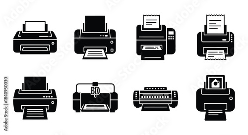 Variety of office printers and scanners in a monochrome illustration