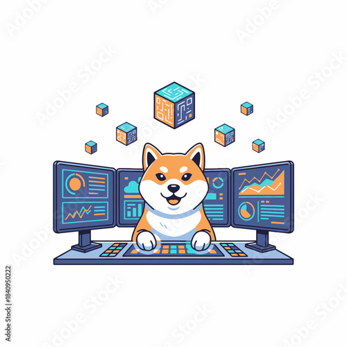 Smiling Shiba Inu Trader Managing Financial Data Dashboards Illustration