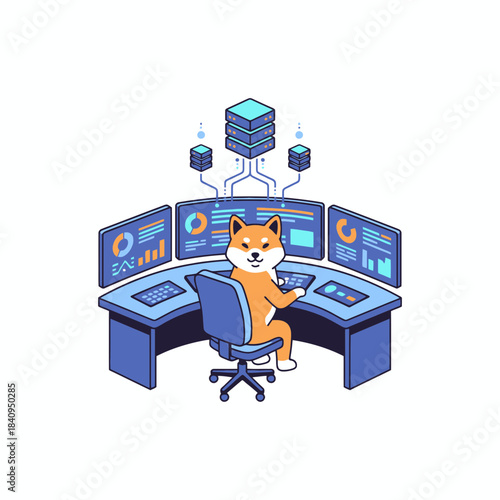 Shiba Inu Dog Managing Server Data Center Control Room