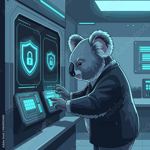 Koala Businessman Operating Futuristic Security Panel Digital Illustration