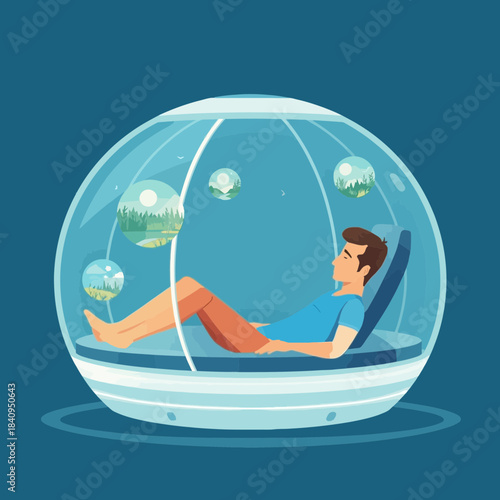 Man meditating inside bubble viewing virtual nature scenes