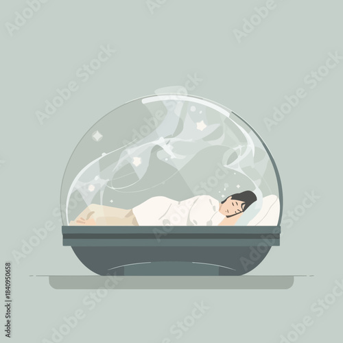 Man sleeping soundly inside futuristic transparent sleep capsule.