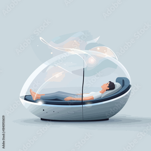 Man resting in futuristic wellness relaxation pod technology